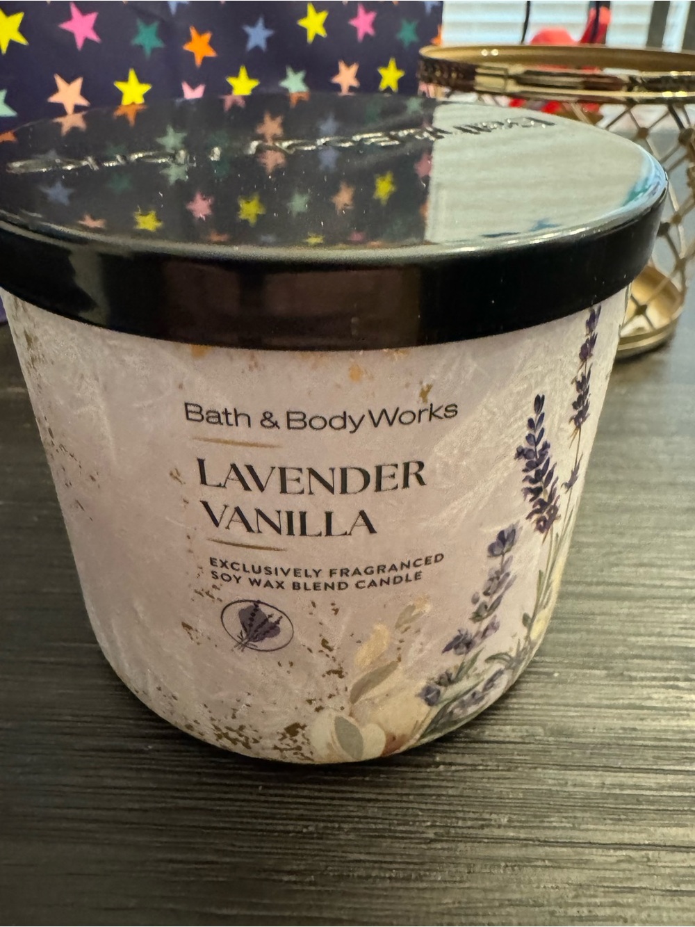 Bath & Body Works Lavender Vanilla Candle - Black Lid with Lavender Accents